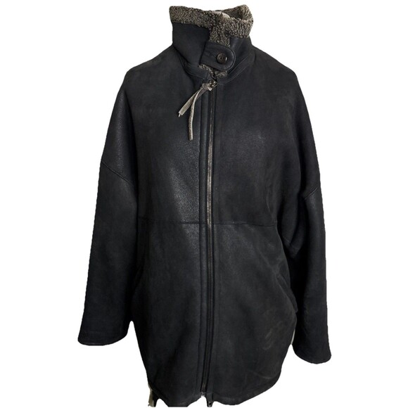 Searle Leather Shearling Coat Mens Large Black England Heritage Old Money - Picture 1 of 12